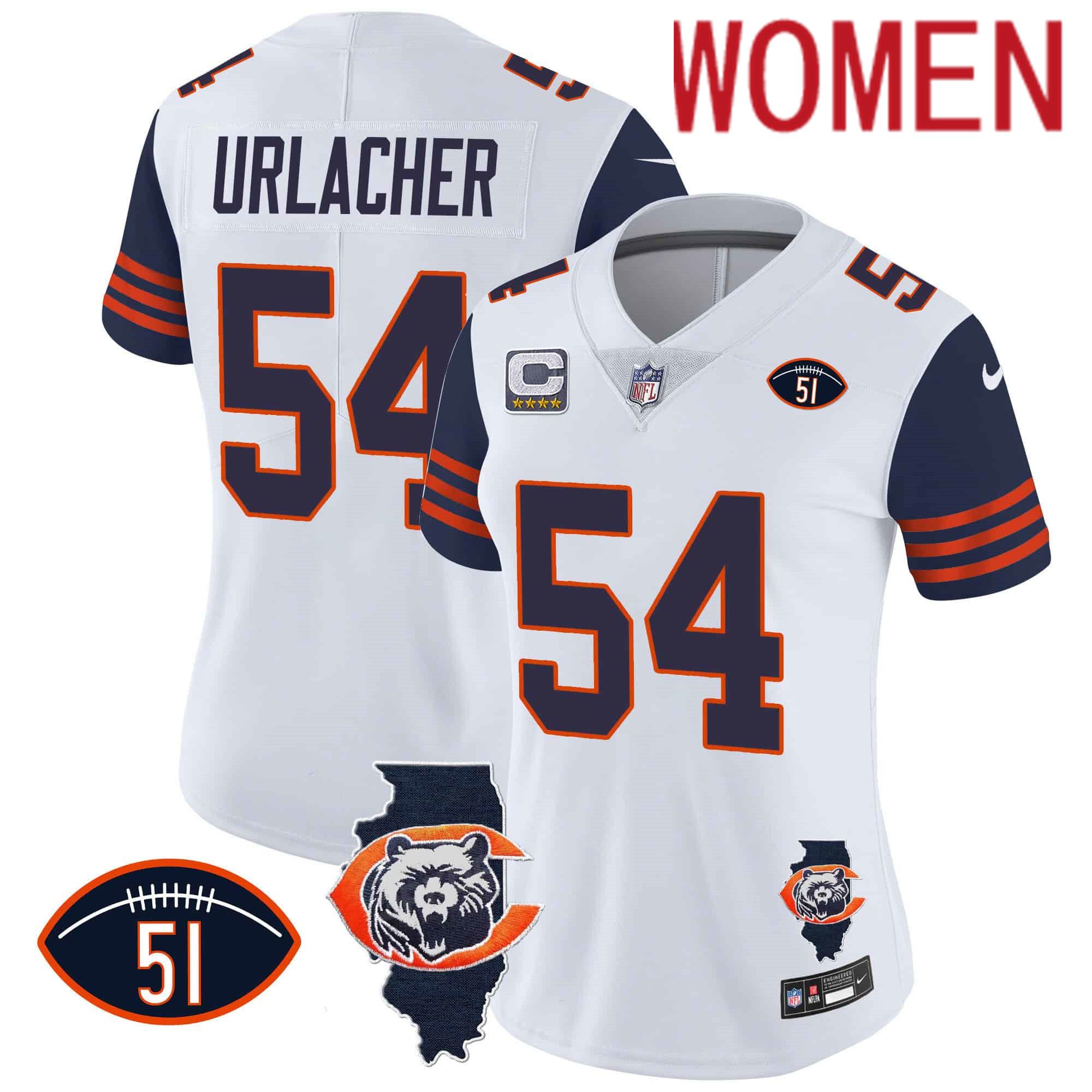 Women Chicago Bears #54 Urlacher White 2024 Nike Throwback Illinois Patch Vapor NFL Jersey style 1